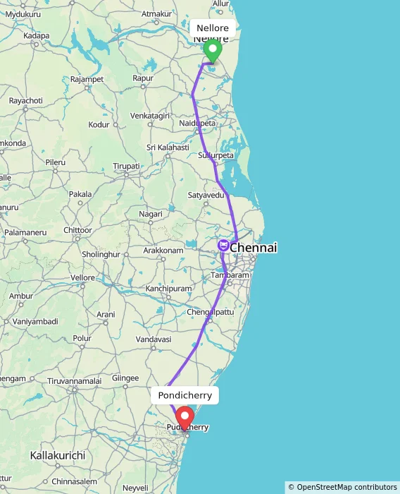 Route map showing distance and travel time from Nellore, India to Pondicherry, India