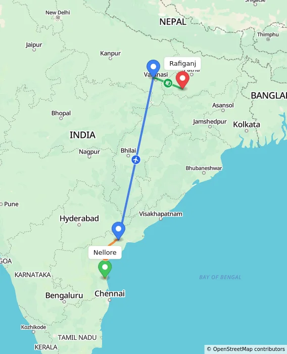 Route map showing distance and travel time from Nellore, India to Rafiganj, India