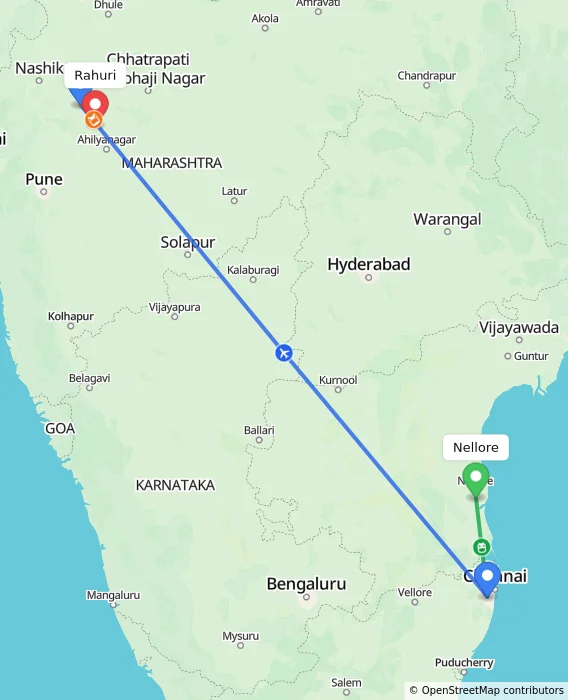Route map showing distance and travel time from Nellore, India to Rahuri, India