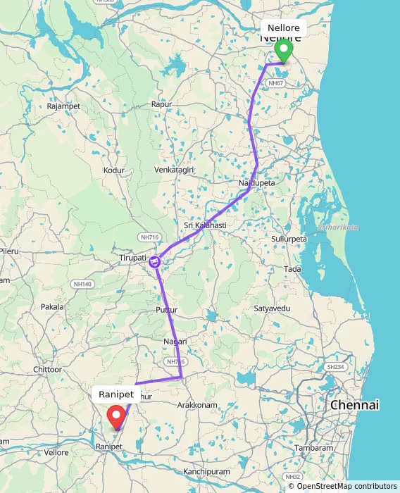 Route map showing distance and travel time from Nellore, India to Ranipet, India