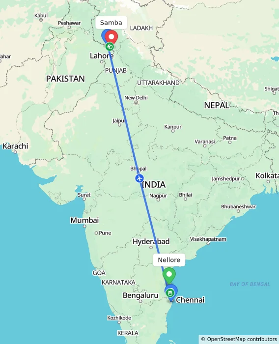 Route map showing distance and travel time from Nellore, India to Samba, India