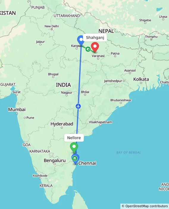 Route map showing distance and travel time from Nellore, India to Shahganj, India