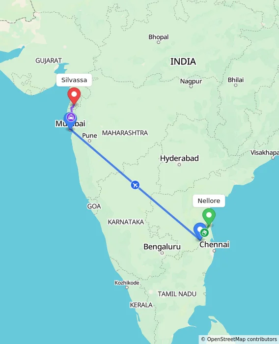 Route map showing distance and travel time from Nellore, India to Silvassa, India