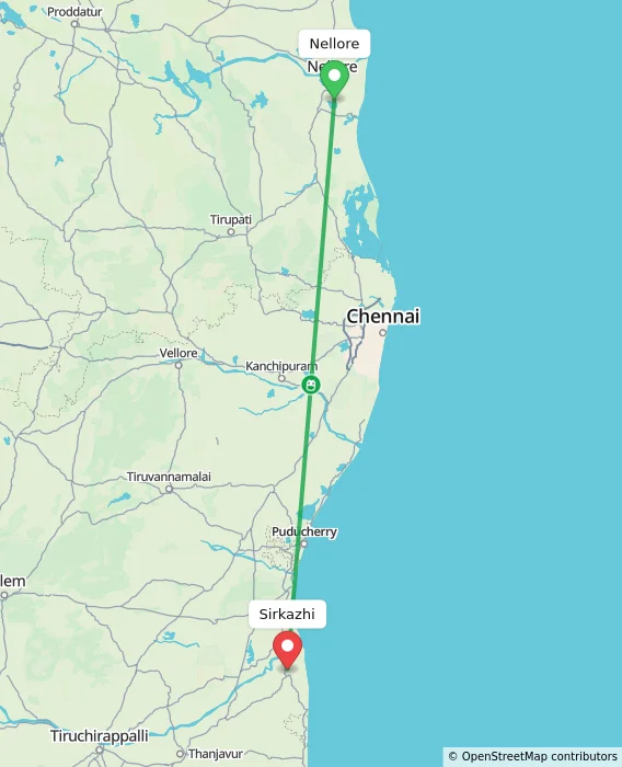 Route map showing distance and travel time from Nellore, India to Sirkazhi, India