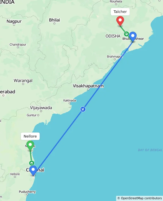 Route map showing distance and travel time from Nellore, India to Talcher, India
