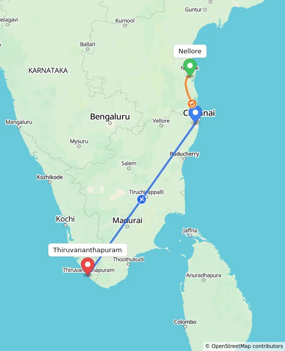 Route map showing distance and travel time from Nellore, India to Thiruvananthapuram, India