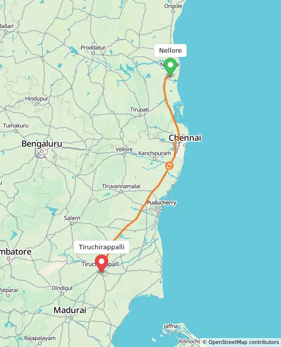 Route map showing distance and travel time from Nellore, India to Tiruchirappalli, India