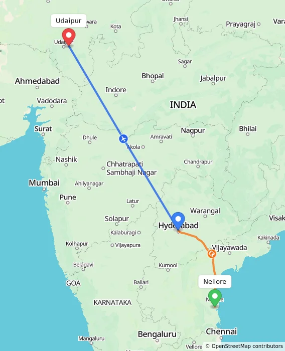 Route map showing distance and travel time from Nellore, India to Udaipur, India