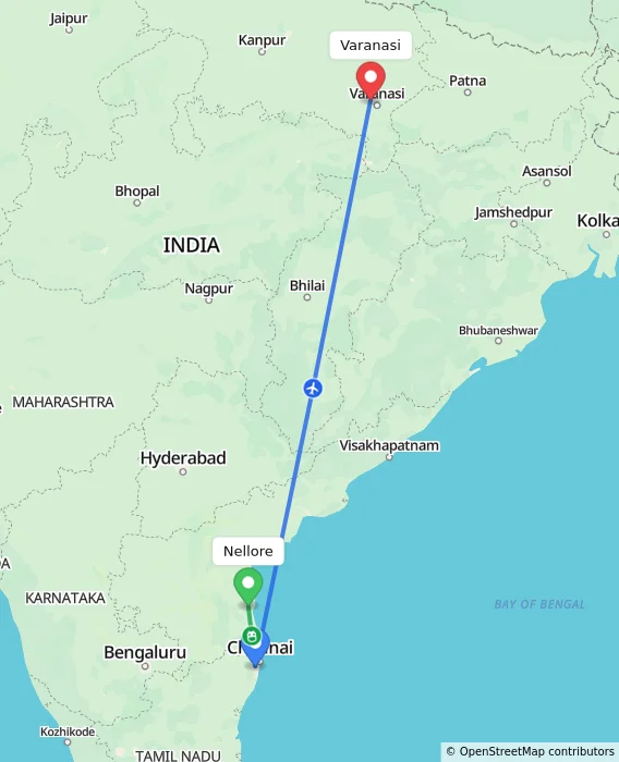 Route map showing distance and travel time from Nellore, India to Varanasi, India