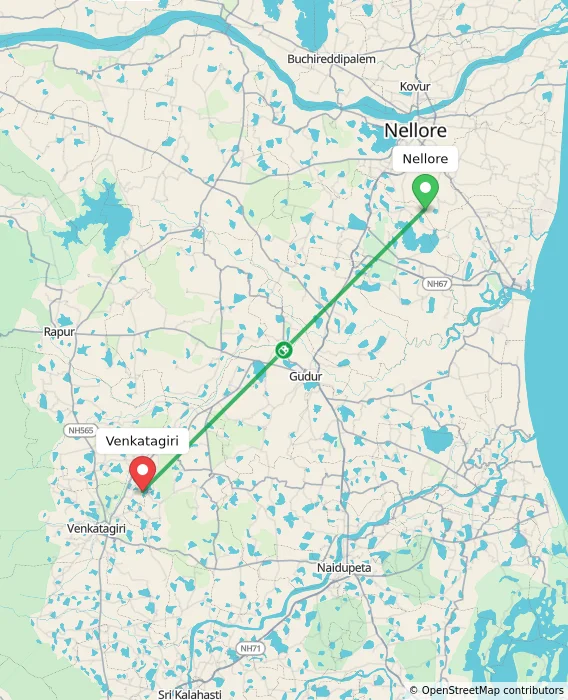 Route map showing distance and travel time from Nellore, India to Venkatagiri, India