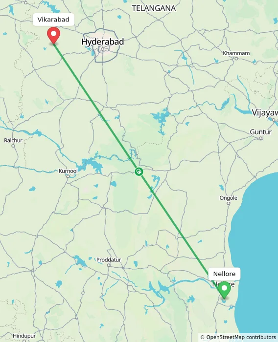 Route map showing distance and travel time from Nellore, India to Vikarabad, India