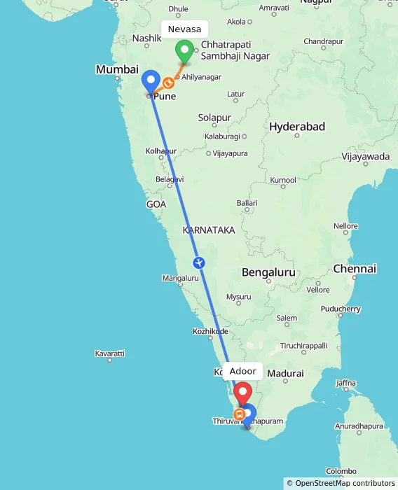 Route map showing distance and travel time from Nevasa, India to Adoor, India