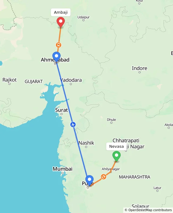 Route map showing distance and travel time from Nevasa, India to Ambaji, India
