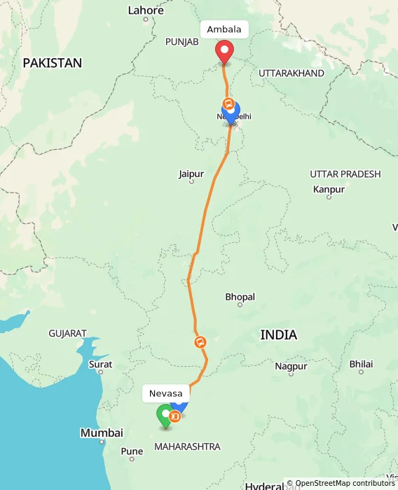 Route map showing distance and travel time from Nevasa, India to Ambala, India