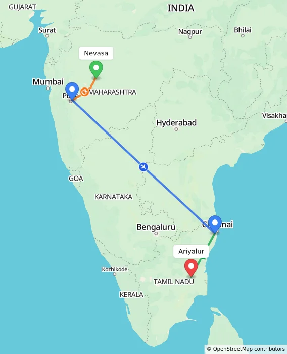 Route map showing distance and travel time from Nevasa, India to Ariyalur, India