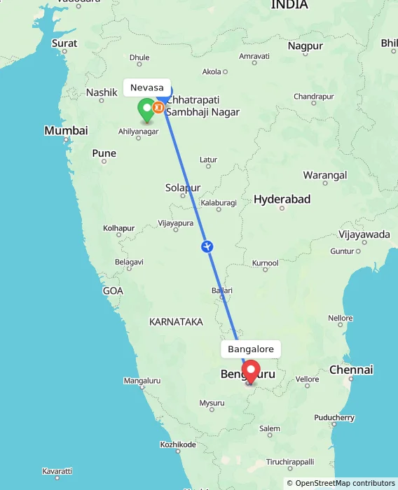 Route map showing distance and travel time from Nevasa, India to Bangalore, India