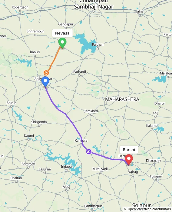 Route map showing distance and travel time from Nevasa, India to Barshi, India