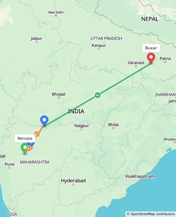 Route map showing distance and travel time from Nevasa, India to Buxar, India