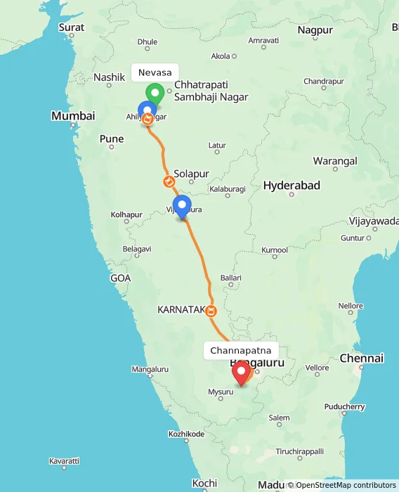 Route map showing distance and travel time from Nevasa, India to Channapatna, India