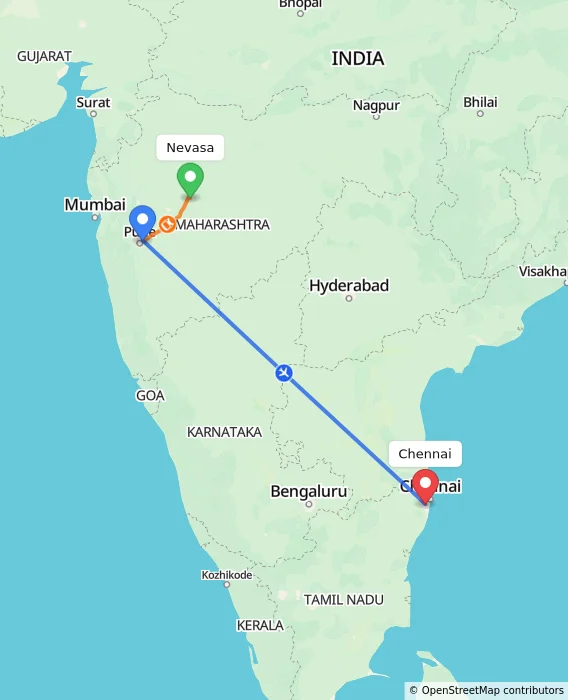 Route map showing distance and travel time from Nevasa, India to Chennai, India