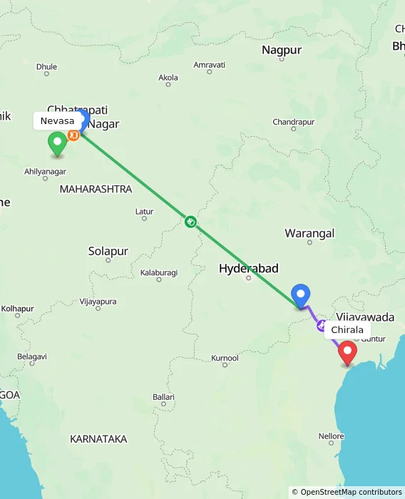 Route map showing distance and travel time from Nevasa, India to Chirala, India