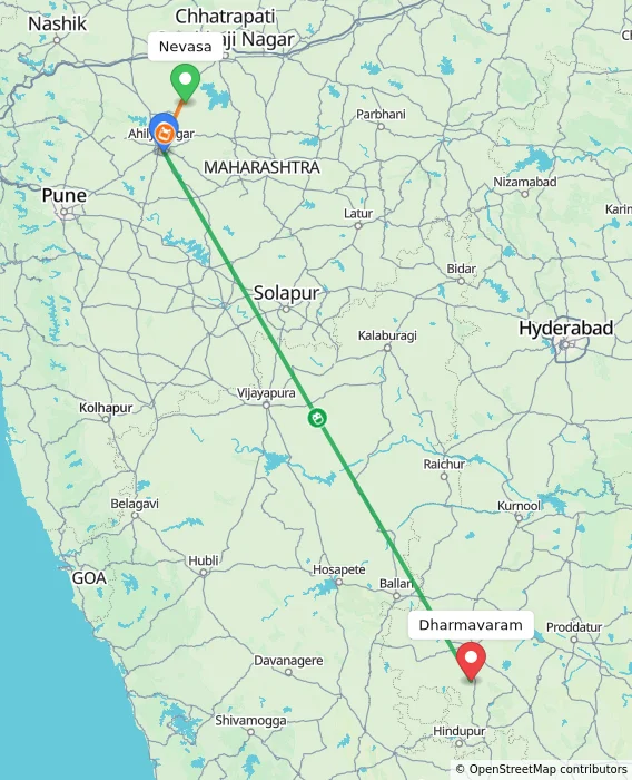 Route map showing distance and travel time from Nevasa, India to Dharmavaram, India