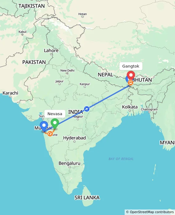 Route map showing distance and travel time from Nevasa, India to Gangtok, India