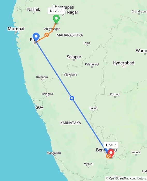 Route map showing distance and travel time from Nevasa, India to Hosur, India
