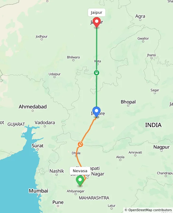 Route map showing distance and travel time from Nevasa, India to Jaipur, India