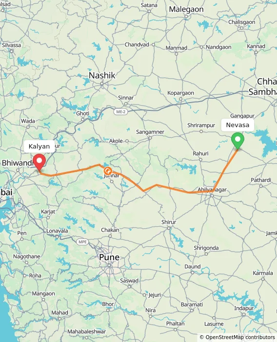 Route map showing distance and travel time from Nevasa, India to Kalyan, India
