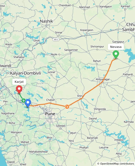 Route map showing distance and travel time from Nevasa, India to Karjat, India