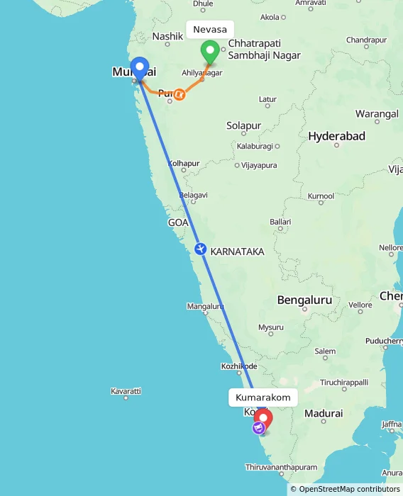 Route map showing distance and travel time from Nevasa, India to Kumarakom, India