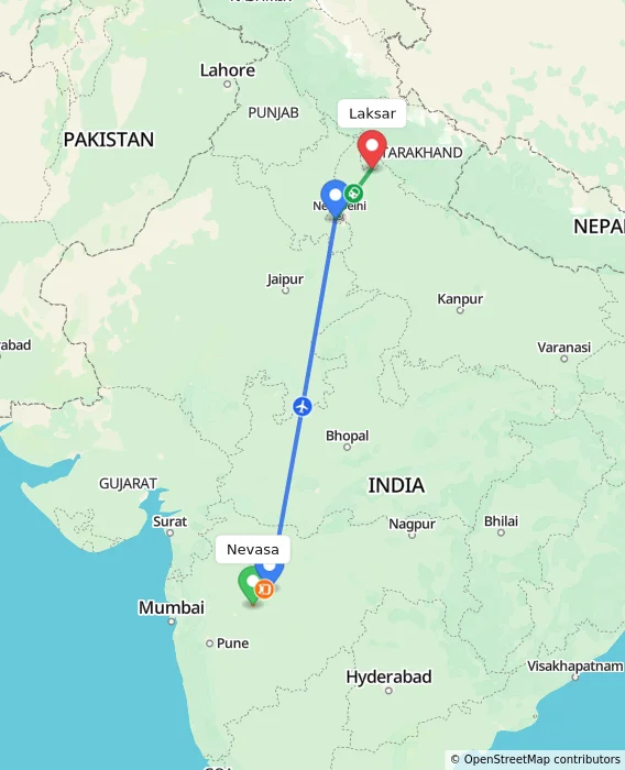 Route map showing distance and travel time from Nevasa, India to Laksar, India