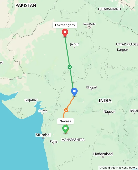 Route map showing distance and travel time from Nevasa, India to Laxmangarh, India