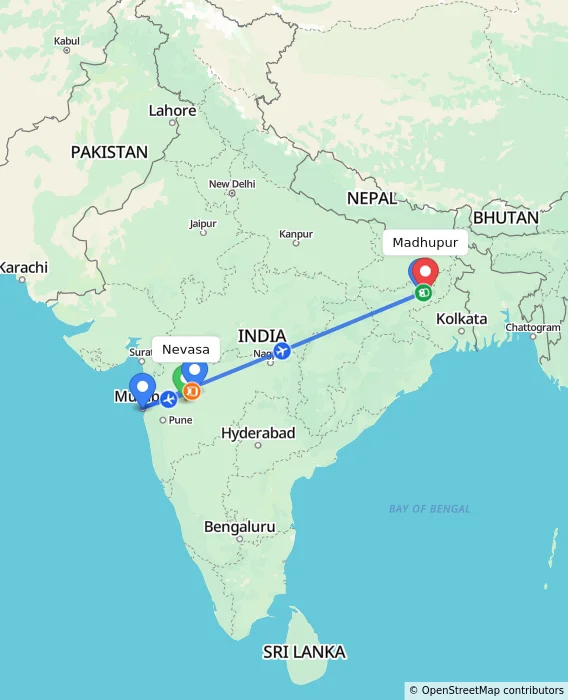 Route map showing distance and travel time from Nevasa, India to Madhupur, India