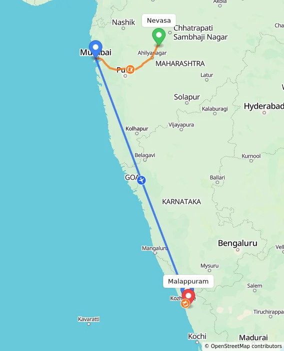 Route map showing distance and travel time from Nevasa, India to Malappuram, India