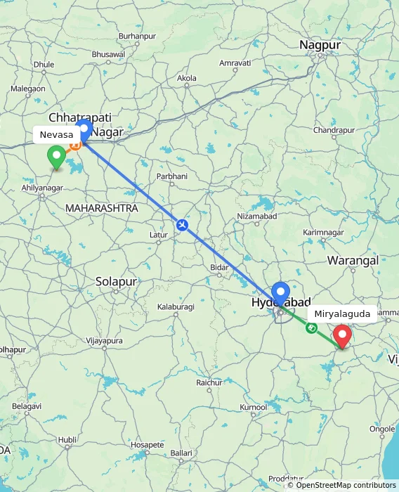 Route map showing distance and travel time from Nevasa, India to Miryalaguda, India