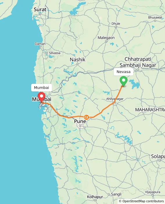 Route map showing distance and travel time from Nevasa, India to Mumbai, India