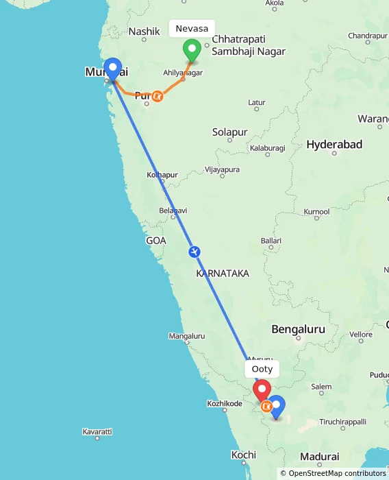 Route map showing distance and travel time from Nevasa, India to Ooty, India