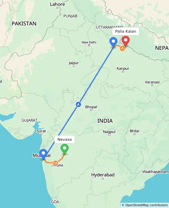 Route map showing distance and travel time from Nevasa, India to Palia Kalan, India