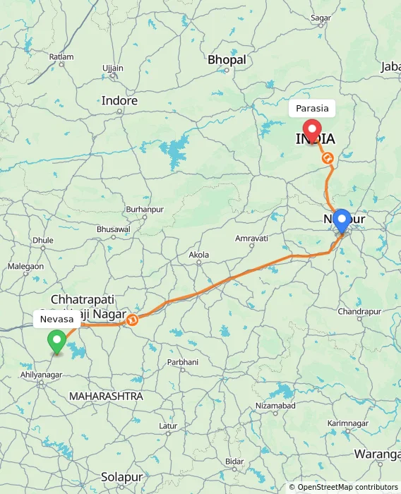 Route map showing distance and travel time from Nevasa, India to Parasia, India