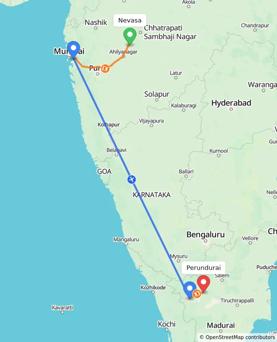 Route map showing distance and travel time from Nevasa, India to Perundurai, India