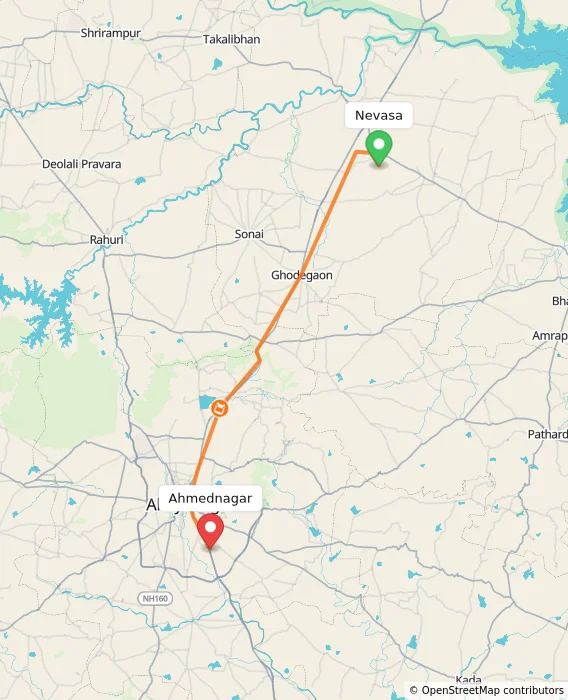 Route map showing distance and travel time from Nevasa, India to Ahmednagar, India