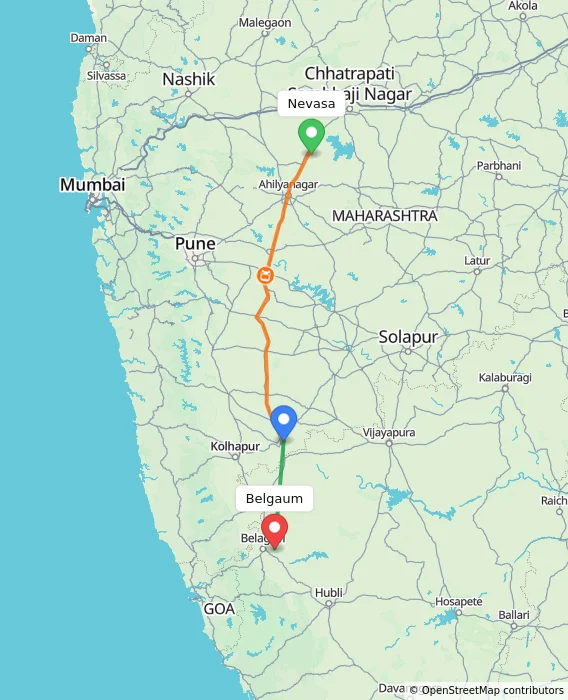 Route map showing distance and travel time from Nevasa, India to Belgaum, India