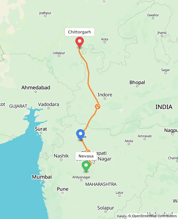 Route map showing distance and travel time from Nevasa, India to Chittorgarh, India