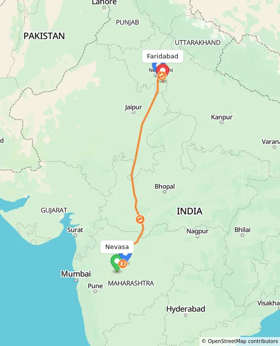 Route map showing distance and travel time from Nevasa, India to Faridabad, India