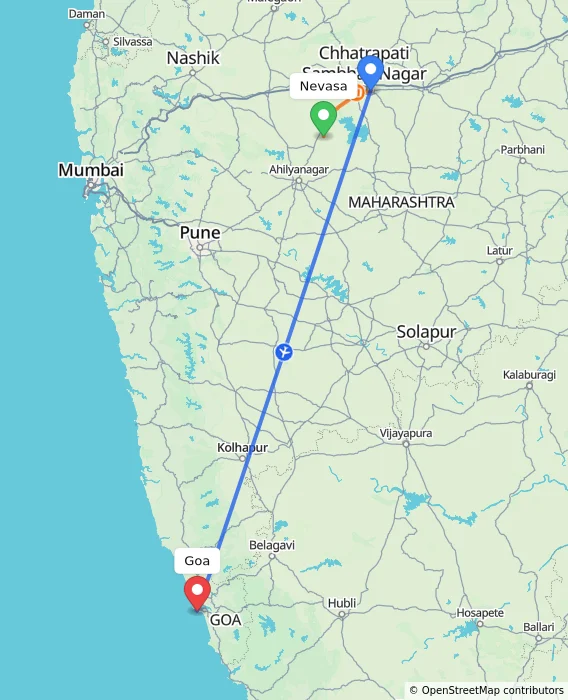 Route map showing distance and travel time from Nevasa, India to Goa, India
