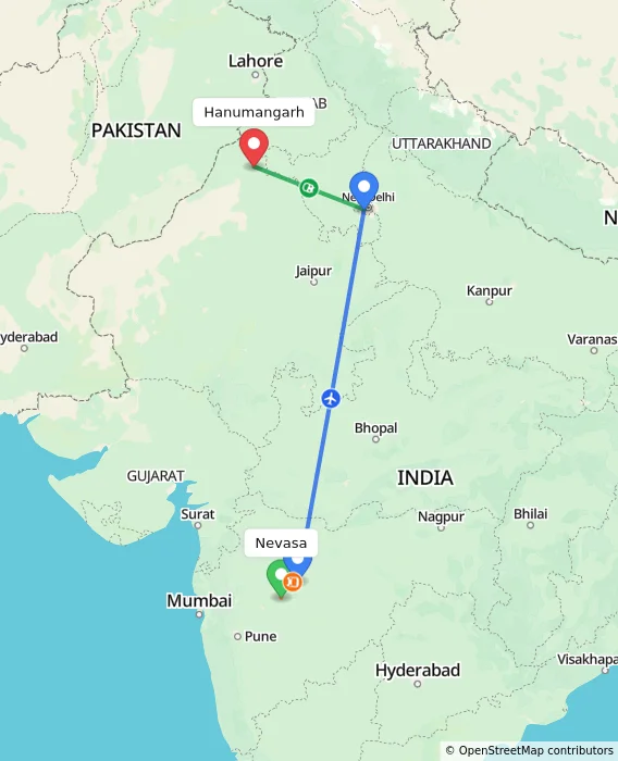 Route map showing distance and travel time from Nevasa, India to Hanumangarh, India