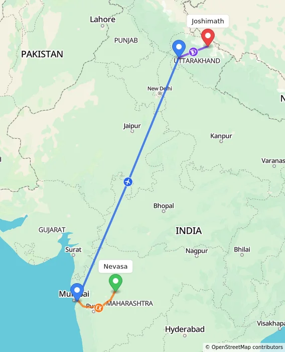 Route map showing distance and travel time from Nevasa, India to Joshimath, India