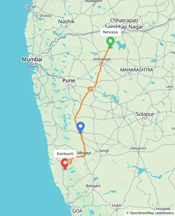 Route map showing distance and travel time from Nevasa, India to Kankavli, India